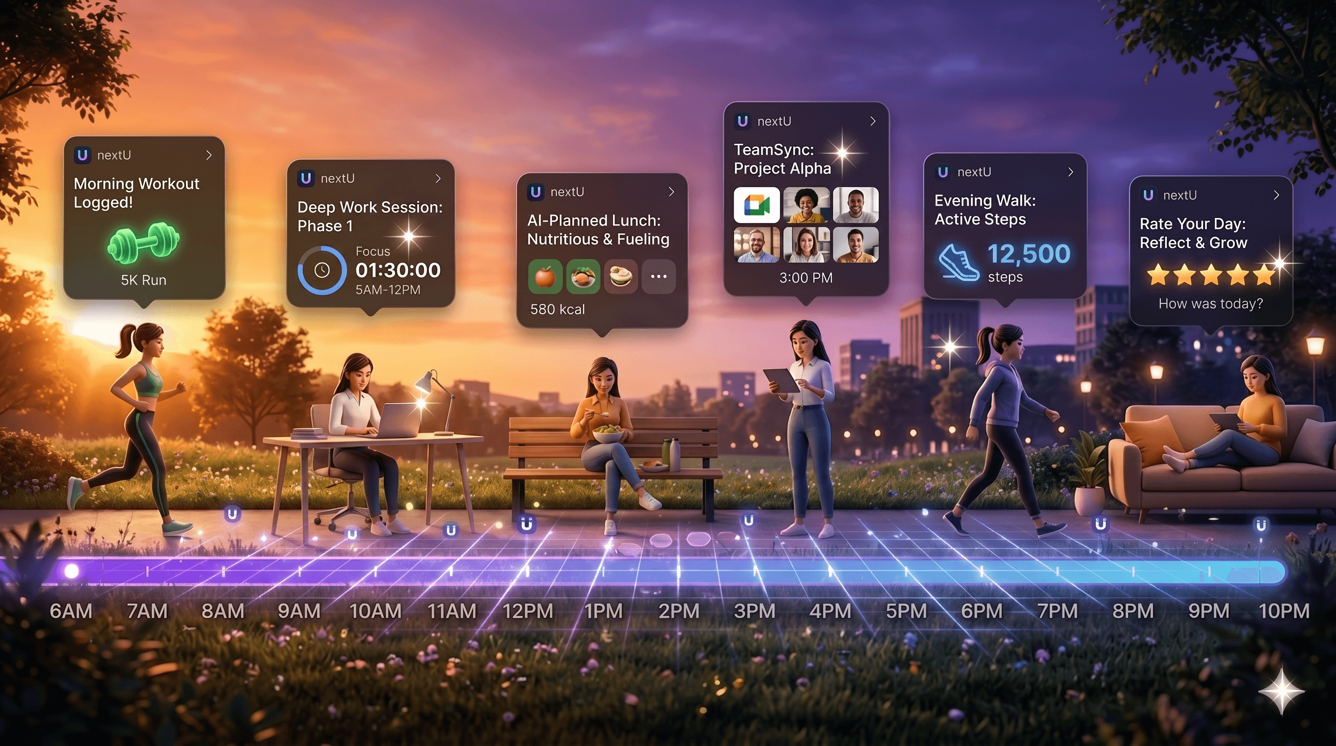 A day guided by nextU — morning workout, deep work, AI-planned lunch, team sync, evening walk, and rating your day